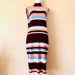 Eva Mendes NY&CO Burgundy, White & Periwinkle Sleeveless Striped Sweater Dress.